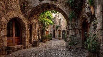Fototapeta premium Charming Medieval Village Street with Stone Arches and Cobblestone Pathway