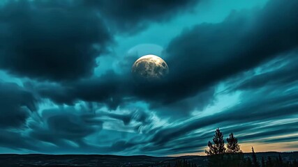 Fast moving clouds drift over a bright full moon in a serene night sky, Fast Moving Clouds Over Full Moon - Powered by Adobe