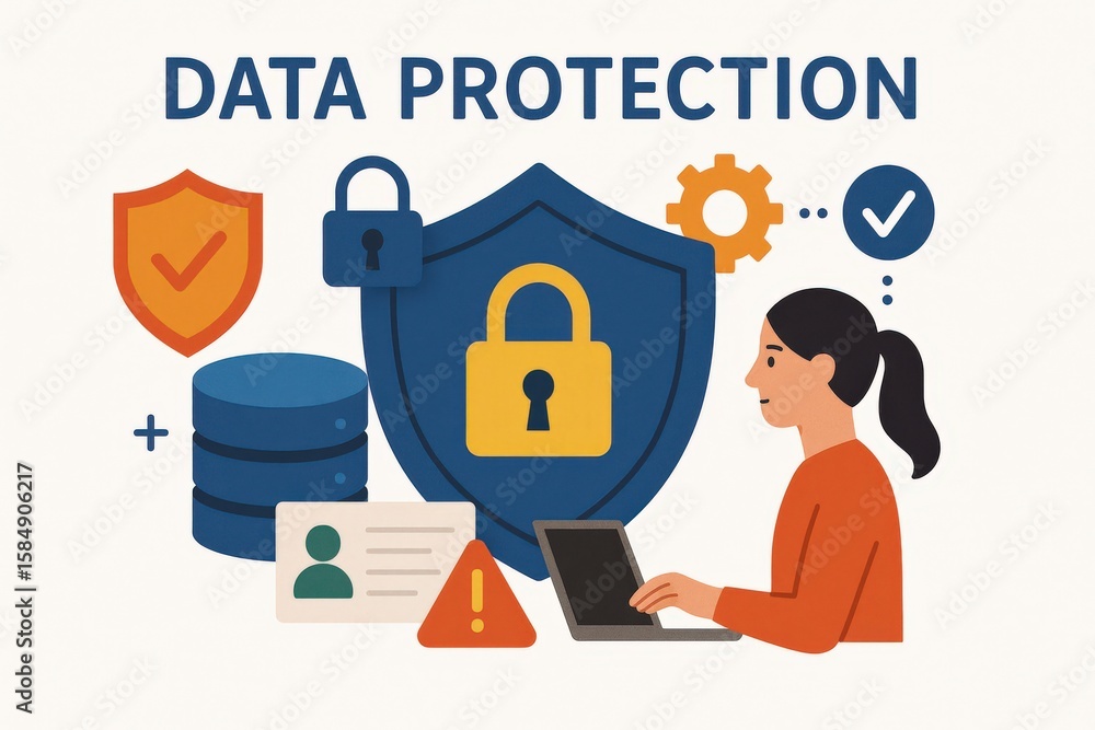 Poster data protection concepts illustrated with a woman using a laptop surrounded by secure elements like 