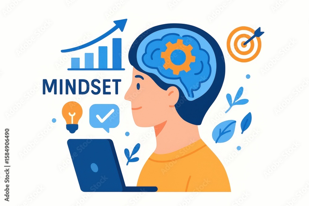 Aufkleber engaging illustration representing personal growth mindset featuring a young individual with a thoug