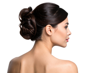  Elegant Female Profile with Bun Hairstyle on Black Background, Isolated PNG