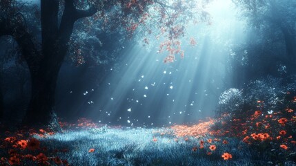Fototapeta premium Sunbeams pierce through a mystical forest, illuminating red flowers and white butterflies.