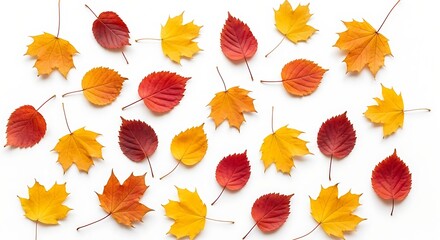 Obraz premium Colorful autumn leaves arranged on a white background, showcasing a vibrant fall foliage pattern.