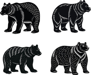 Black linocut walking bear vectors icon set, great for vintage wildlife posters and logos.