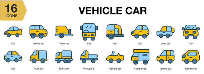 Vehicle Car flat icon set. Includes vehicle, car, automobile, transport, drive, and More. Flat icons vector collection.
