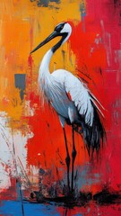 A crane portrayed in Abstract Expressionism style, with bold, energetic colors and dynamic brushwork.