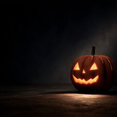 Spooky Halloween Pumpkin with Glowing Face in Dark Atmosphere