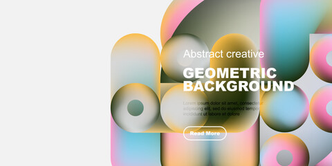 Abstract geometric shapes overlap, creating vibrant colorful background. Text reads Geometric Background, includes call to action button.