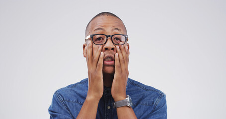 Mistake, portrait and reaction with black man on studio space for crisis, exam fail or test error....