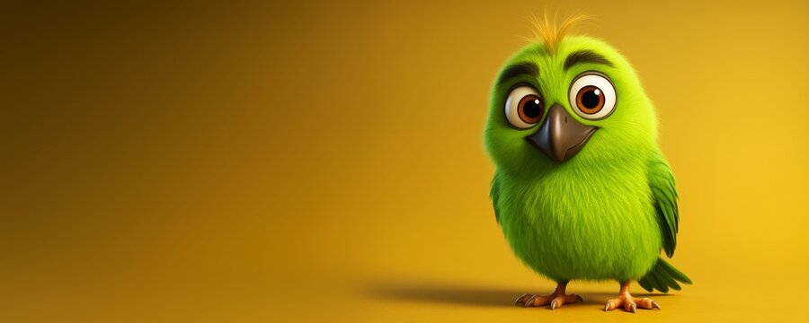 Cute cartoon green bird with big eyes standing on yellow background with copyspace for design or advertising concept. Ai generative.