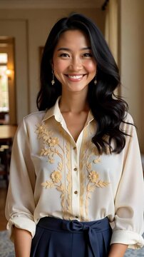 Elegant Filipina Woman in Modern Barong Tagalog Smiling Softly with Grace, Warmth, and Confidence &ndash; 4K Vertical Cultural Lifestyle Footage