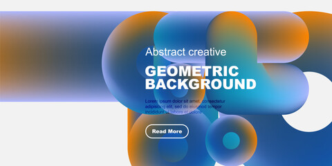 Abstract geometric background features vibrant overlapping circles, gradients, text, button. Modern design elements create dynamic visual impact.