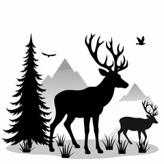 Majestic stag and fawn in mountain landscape deer mountains