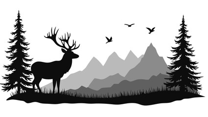 Majestic stag standing in a forest landscape with mountains and birds deer antlers