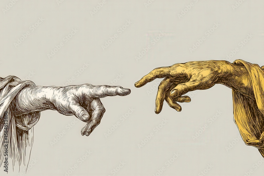 Poster the connection of creation illustrated through two reaching hands invoking echoes of divinity showca