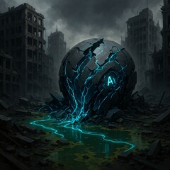 Shattered AI Core in Ruined City Center with Neon‑Blue Data Leaking into Toxic Sludge Puddles