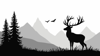 Obraz premium Majestic stag with large antlers stands in grassy field with mountains and birds