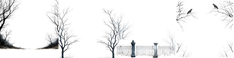 Spooky Halloween Landscape: Bare Trees and Graveyard Elements
