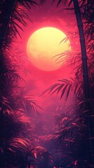 A neon synthwave bamboo with glowing outlines and vibrant neon colors, set against a retro-futuristic design with geometric elements and dynamic visuals.