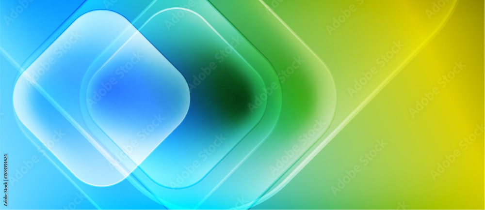 Poster abstract gradient squares blend blue, green, yellow. smooth transitions create luminous effect. mode