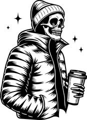 SVG of skull hip urban skeleton with a cool, vibrant vibe. Stylish Skeleton in Winter Jacket and Beanie Holding Coffee Cup