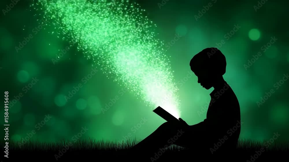 Poster silhouette of a child reading a book with magical light emanating from pages against a green backgro