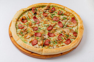 A gourmet pizza featuring an array of savory toppings, warm and inviting, perfect for gatherings