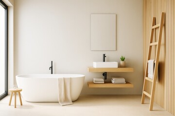 Modern minimalistic bathroom interior with wooden accents, freestanding bathtub, floating vanity, and natural light in a cozy indoor setting.