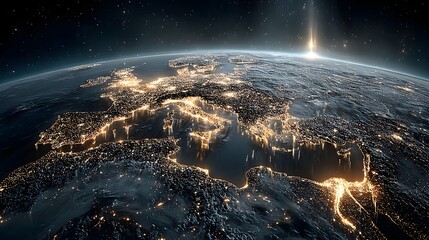 A stunning view of earth at night, highlighting the vibrant city lights across the european continent