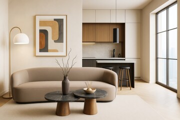 Modern minimalist living room interior with beige sofa, abstract wall art, wood-accented kitchen, and large window in soft neutral tones.