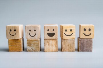 Playful wooden blocks featuring cheerful smiley faces engaging in a delightful visual representation of positive emotions, happiness, joy, and emotional connection captured in a minimalist