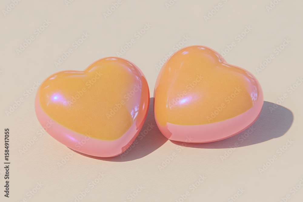 Poster heart-shaped glossy objects reflecting sunlight, presenting a playful and romantic aesthetic while s