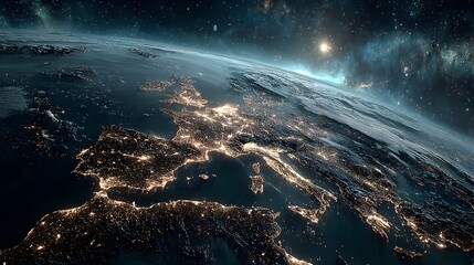 A stunning view of earth at night, highlighting the vibrant city lights across the european continent