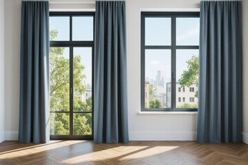Modern empty room interior with large windows and blue curtains overlooking city buildings and green trees on a sunny day. Ai generative.