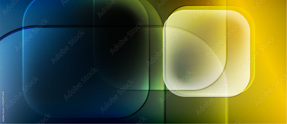 Poster abstract composition. overlapping squares, curves, gradients create dynamic visual effect. yellow, b