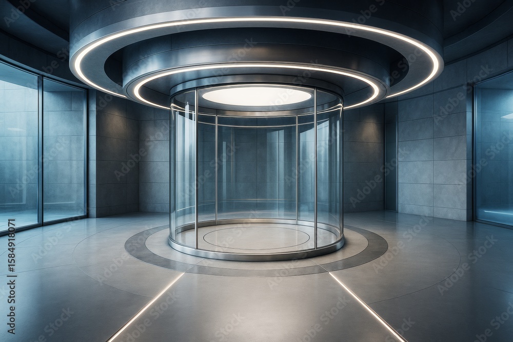 Poster futuristic circular glass elevator inside modern empty building with sleek architecture and ambient 
