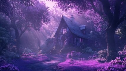 Fantasy house nestled in a glowing purple forest with dreamy light, magic trees, and surreal tones.