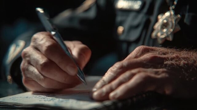 Close-up of a person's hands writing with a pen on a notepad showing detailed skin texture and a dark background