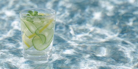 Refreshing summer cocktail with cucumber, lemon, and basil seen through shimmering pool water