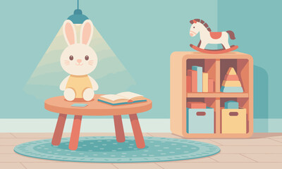 Fototapeta premium Cozy Nursery Scene with Bunny and Rocking Horse