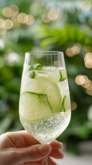 Hand holding a chilled Spa Spritz glass filled with cucumber, lemon, and basil in lush greenery backdrop