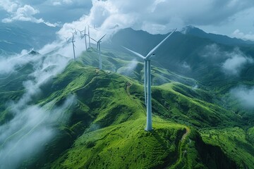 Green hills wind turbines misty mountains landscape