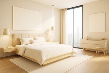 Minimalist modern bedroom interior with beige decor, clean furniture, large window, and blank wall frames for mockup or branding template use.