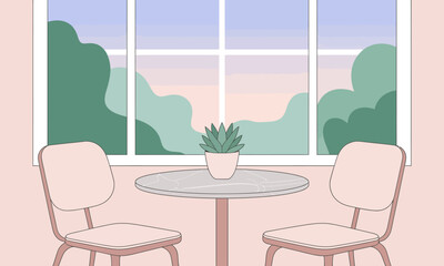 Illustration of a cozy indoor scene featuring a round table with a potted plant, two chairs, and a window overlooking a green landscape.