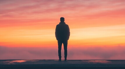 A lone man stands silhouetted against a vibrant sunset, with layers of clouds and fog stretching out before him.