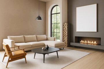 Modern cozy living room with beige sofa, wooden armchair, fireplace, and blank picture frame for interior design mockup concept template wall decor.