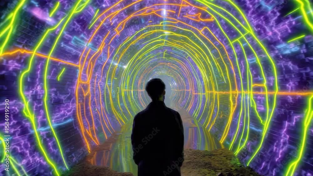 Poster silhouette of a person in a colorful neon tunnel with vibrant lights and abstract patterns