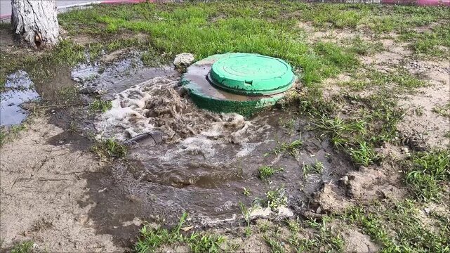 Water fountain pours out from sewer hatch, breakthrough sewerage system. Accident of water supply, sewage. Water flows, drainage fountain on the road from the sewer hatch.