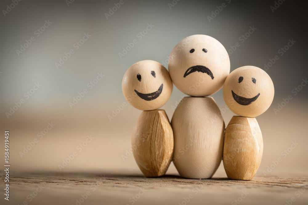 Poster wooden figures representing a diverse emotional spectrum of joy and sadness standing together in uni