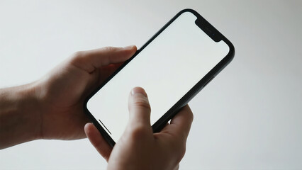 Hand holding and using a smartphone with a blank screen for app mockup, showing a tapping or scrolling gesture